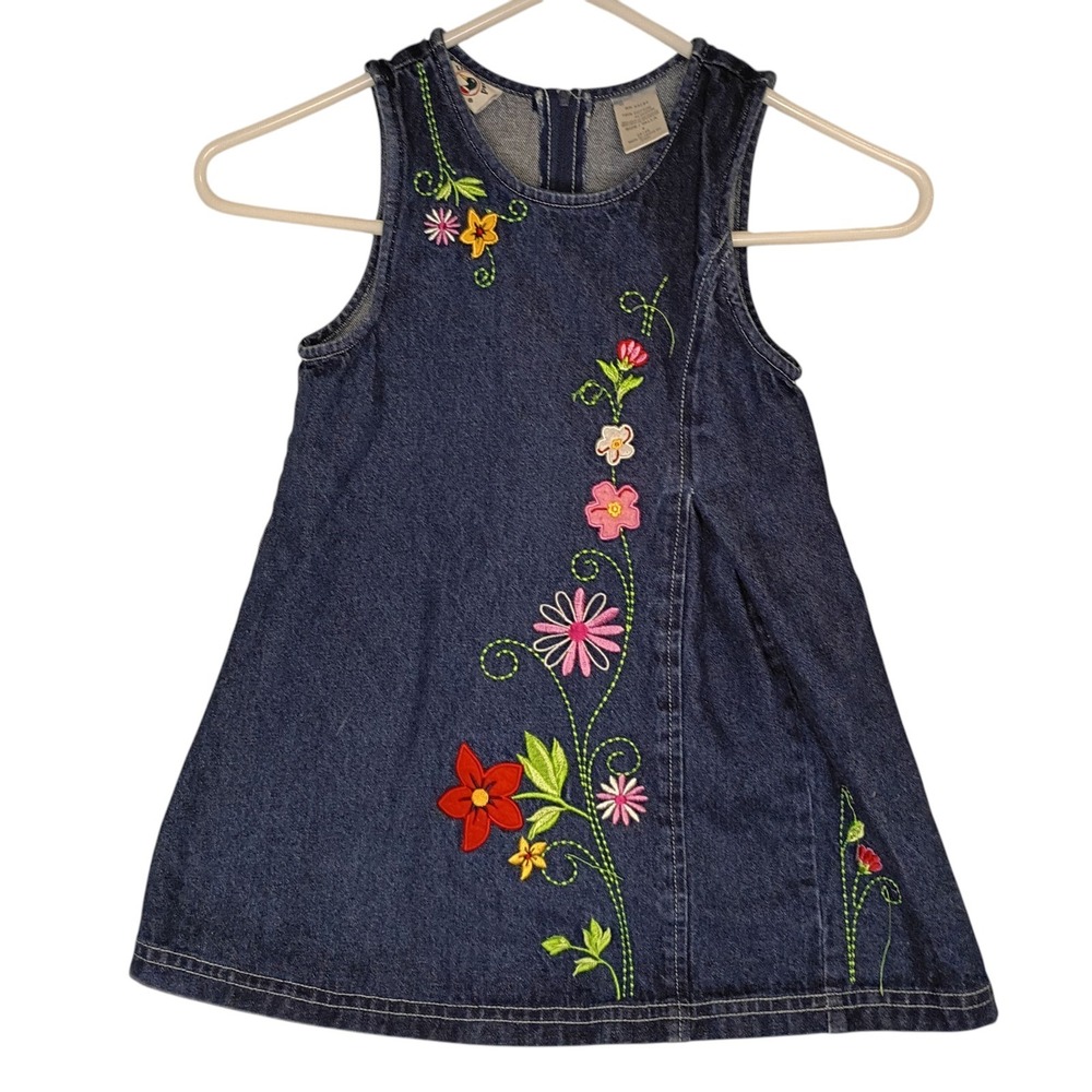 Vintage Duck‎ Head Denim Jumper Dress Flowers Girls Size 4 Embroidered Zipper